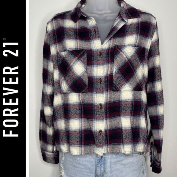 Forever 21 Plaid Cropped Flannel Button Down. Size Medium - Picture 1 of 7